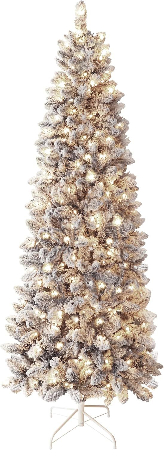 7.8ft White Flocked Pencil Christmas Tree with Warm LED Lights