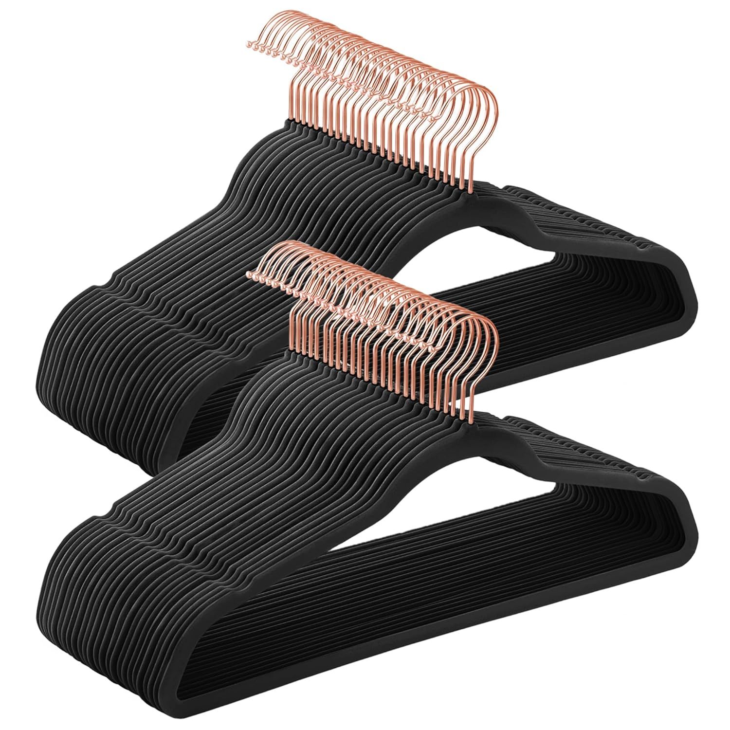 Black Velvet Non-Slip Hangers with Rose Gold Hooks, 30 Pack