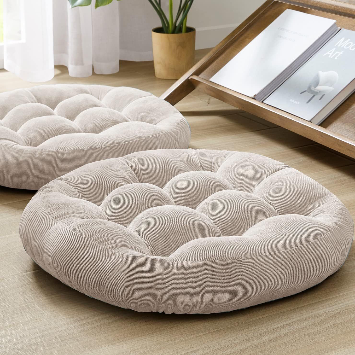 Set of 2 Round Memory Foam Floor Pillows in Corduroy