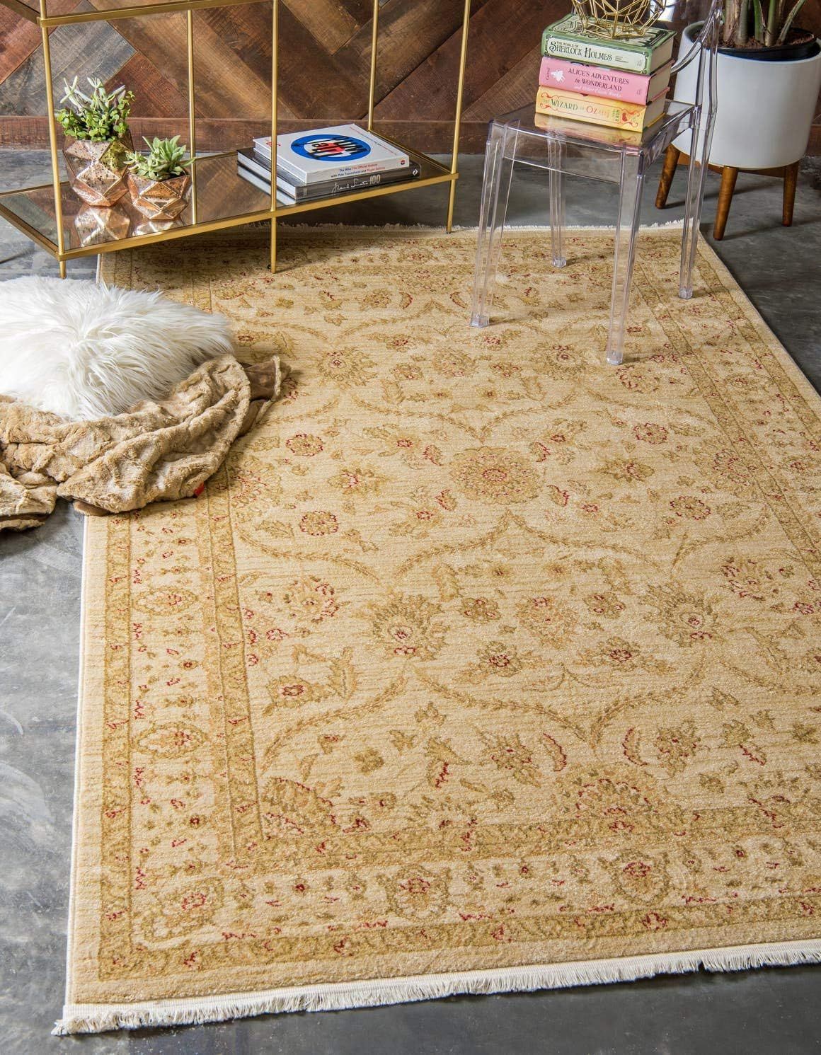 Cream and Beige 9' x 12' Synthetic Traditional Area Rug