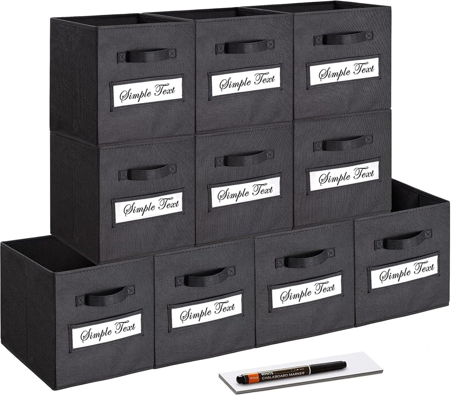 Black Foldable Fabric Storage Cubes with Label Slots, Set of 10