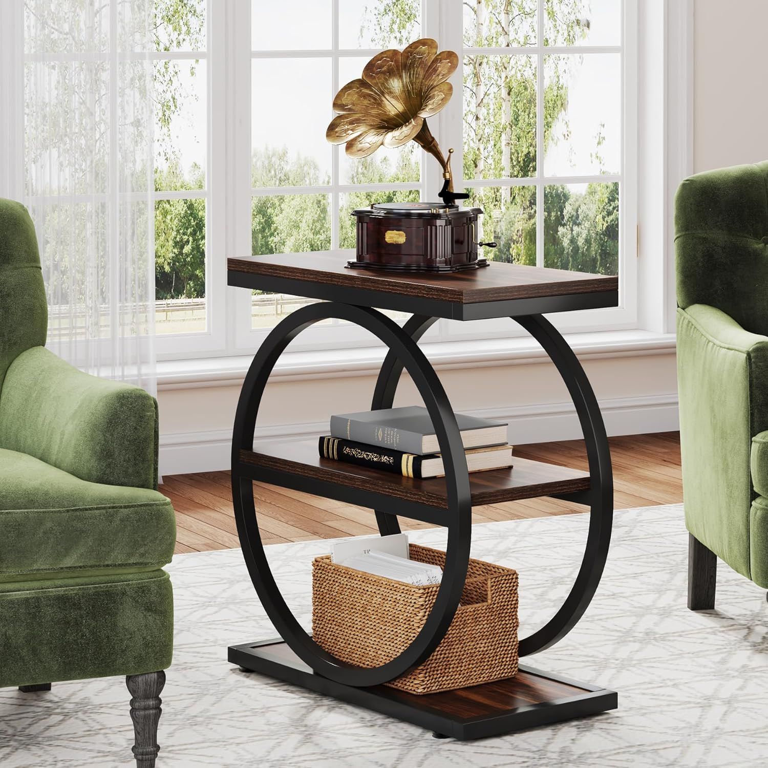 Industrial Dark Wood and Black Metal 3-Tier End Table