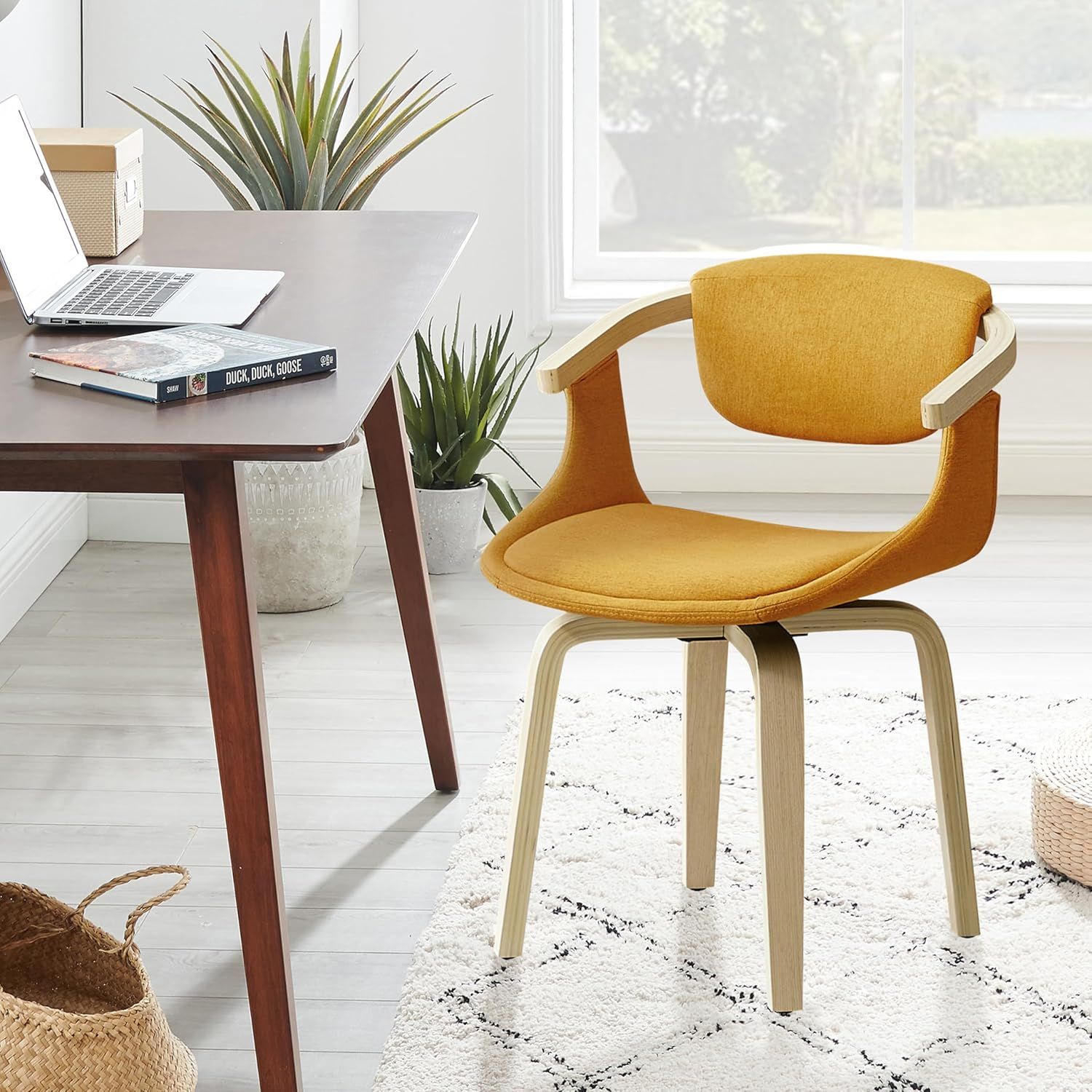 Mid-Century Modern Yellow Faux Leather Swivel Accent Chair