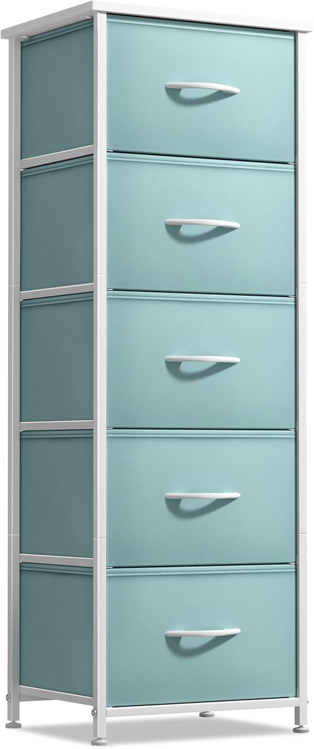 Aqua Fabric 5-Drawer Tall Storage Dresser with Steel Frame