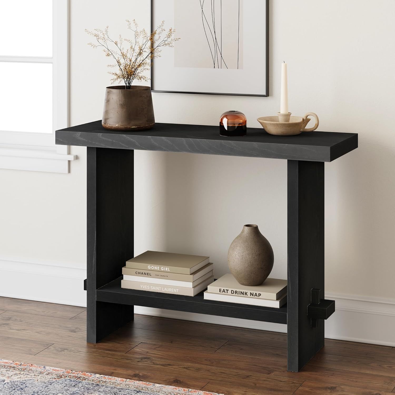 Virgo Black Oak Wood Console Table with Storage