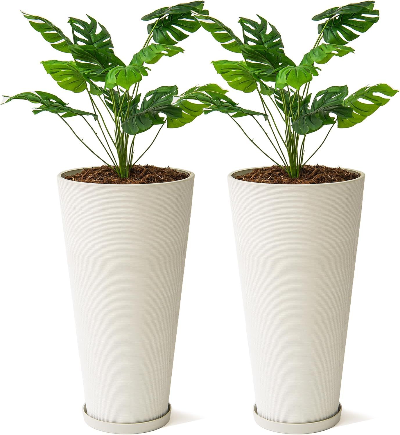 White Tall Round Self-Watering Indoor/Outdoor Planters Set