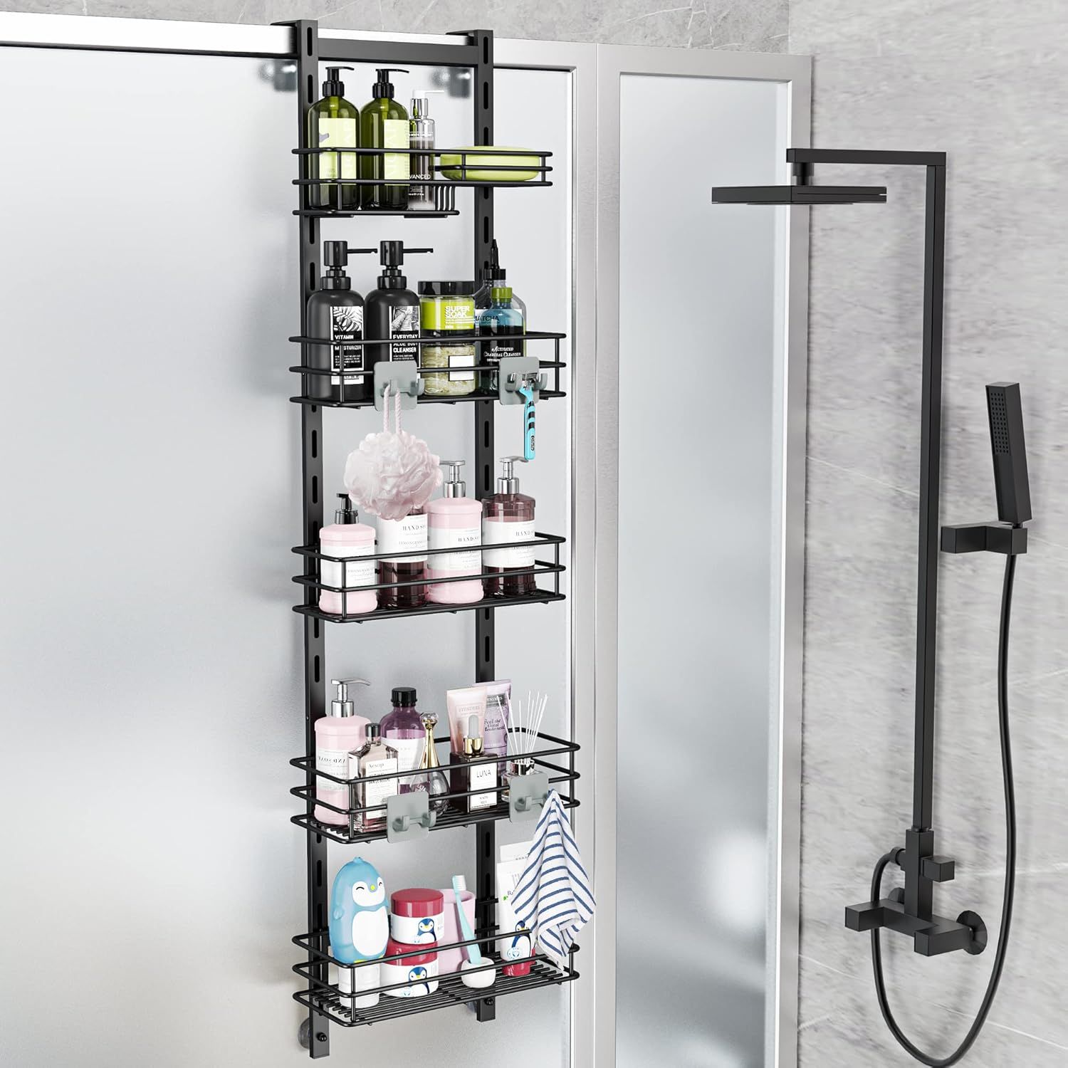 Black Metal Over the Door Adjustable 5-Tier Shower Caddy