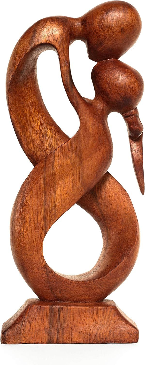 12" Handcrafted Suar Wood Abstract Couple Statue