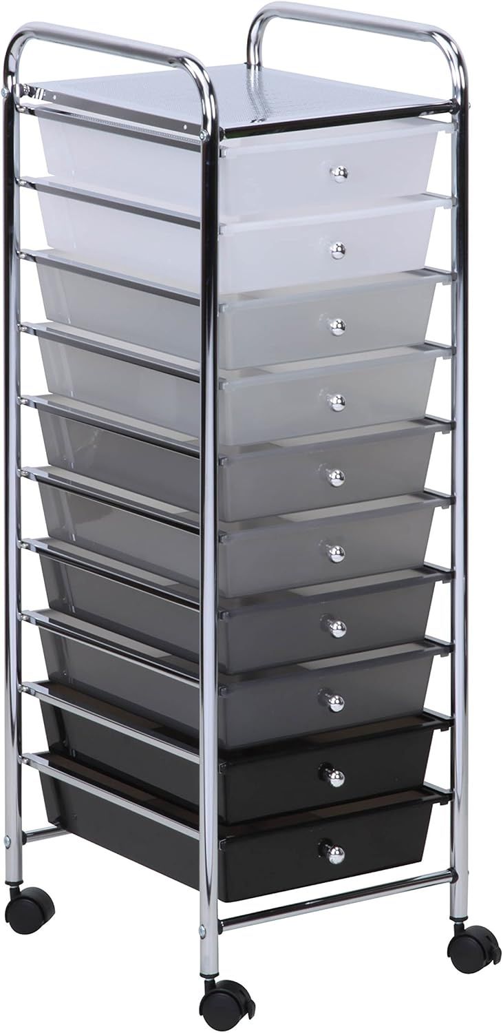 Gray and Black 10-Drawer Rolling Storage Cart