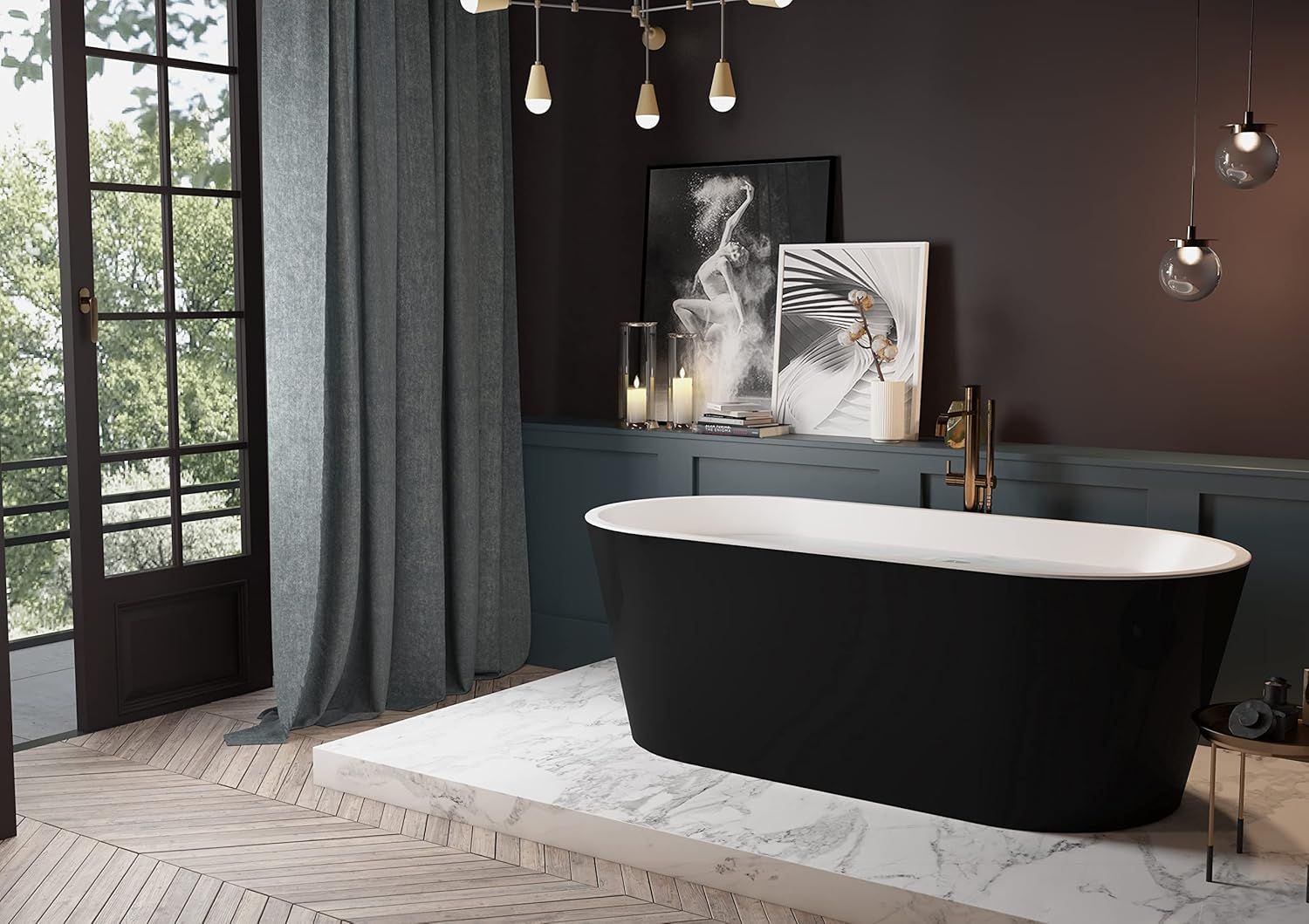 60" Glossy Black and White Acrylic Freestanding Oval Bathtub