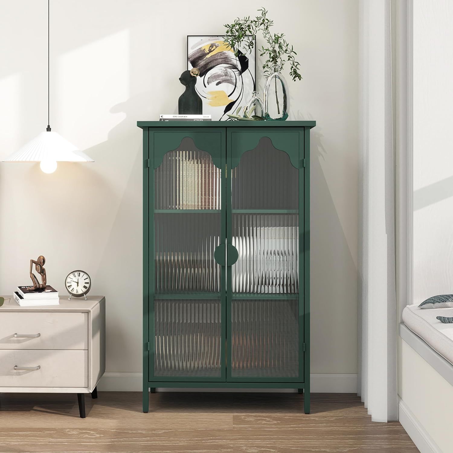 Dark Green Metal and Glass Display Cabinet with Arched Doors