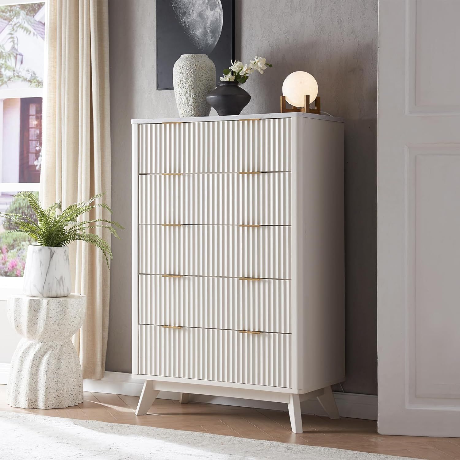 White Fluted 5-Drawer Dresser with Faux Marble Top