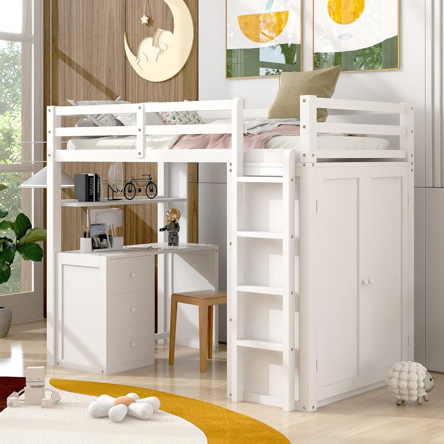 White Twin Loft Bed with Desk, Wardrobe, and Storage Drawers