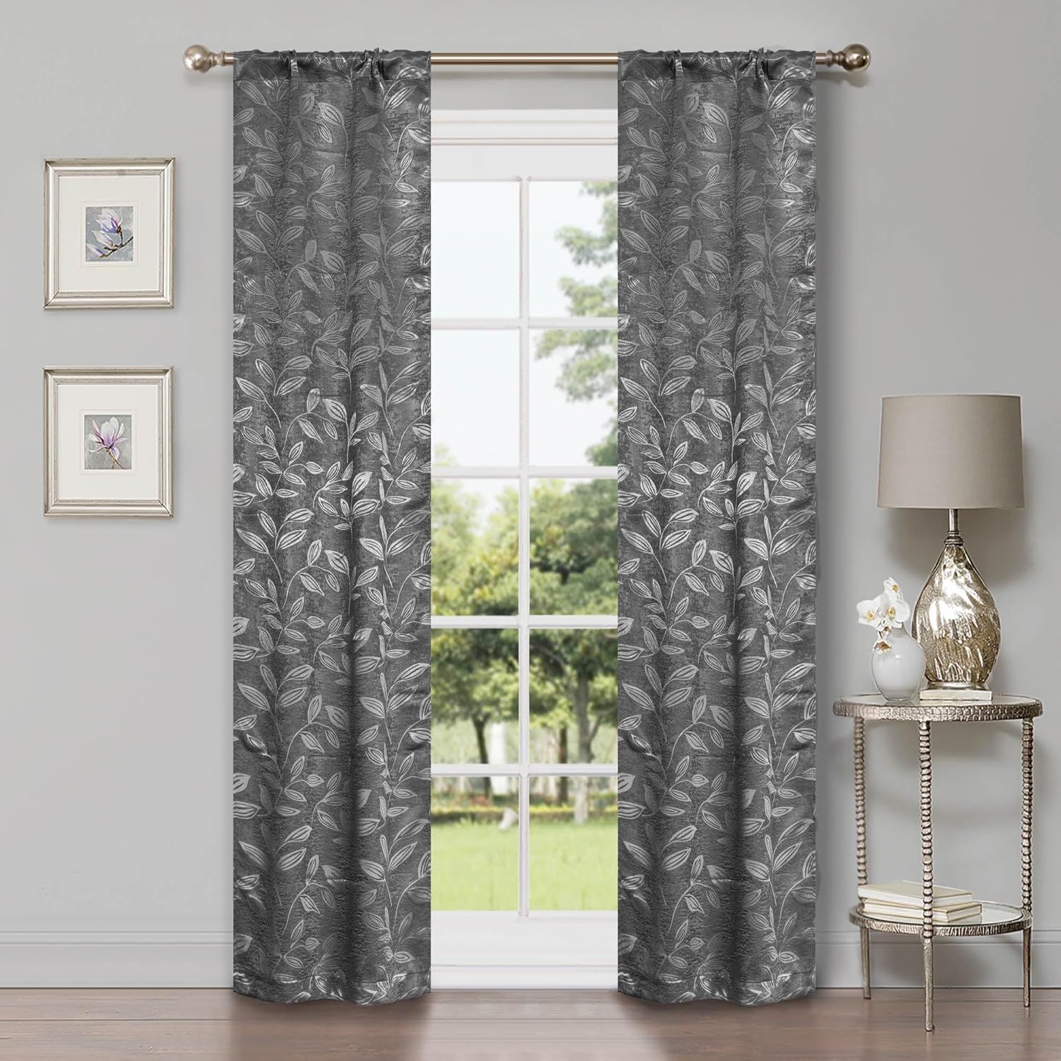Superior Blackout Curtains, Room Darkening, Bedroom, Drapes, Kitchen, Living Room Window Accents, Sun Blocking, Thermal, 2 Pack, Leaves Blackout Curtains, Set of 2, 36" x 63", Nickel Black
