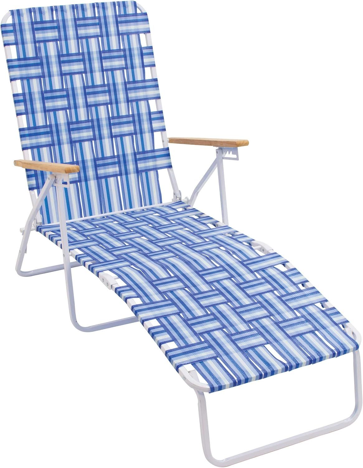 Blue and White Folding Web Chaise Lounge Chair with Wooden Arms