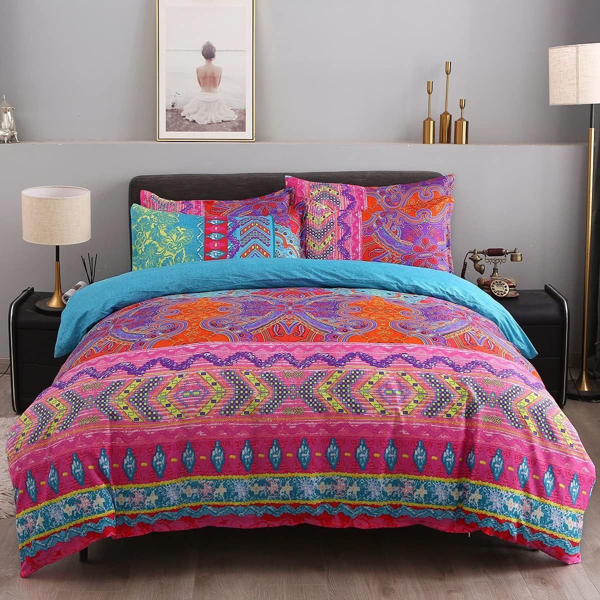 Bohemian Red and Blue Microfiber Queen Duvet Cover Set