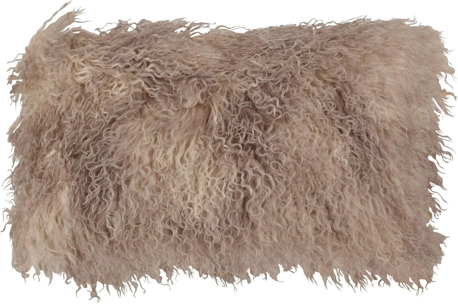 Oyster Beige Wool Mongolian Lamb Fur Throw Pillow 12" x 20"