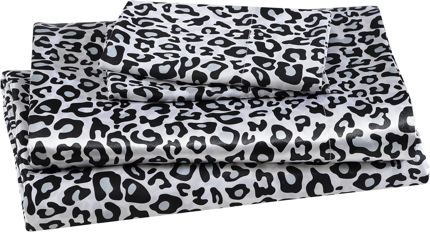 Queen Silver Satin Polyester Snow Leopard Print Sheet Set