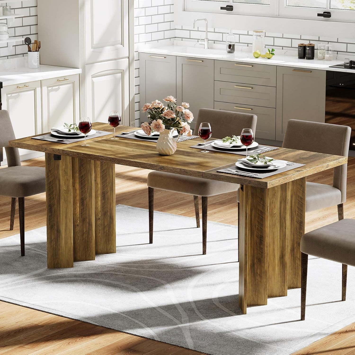 Rustic Brown Farmhouse Rectangular Wood Dining Table for Six