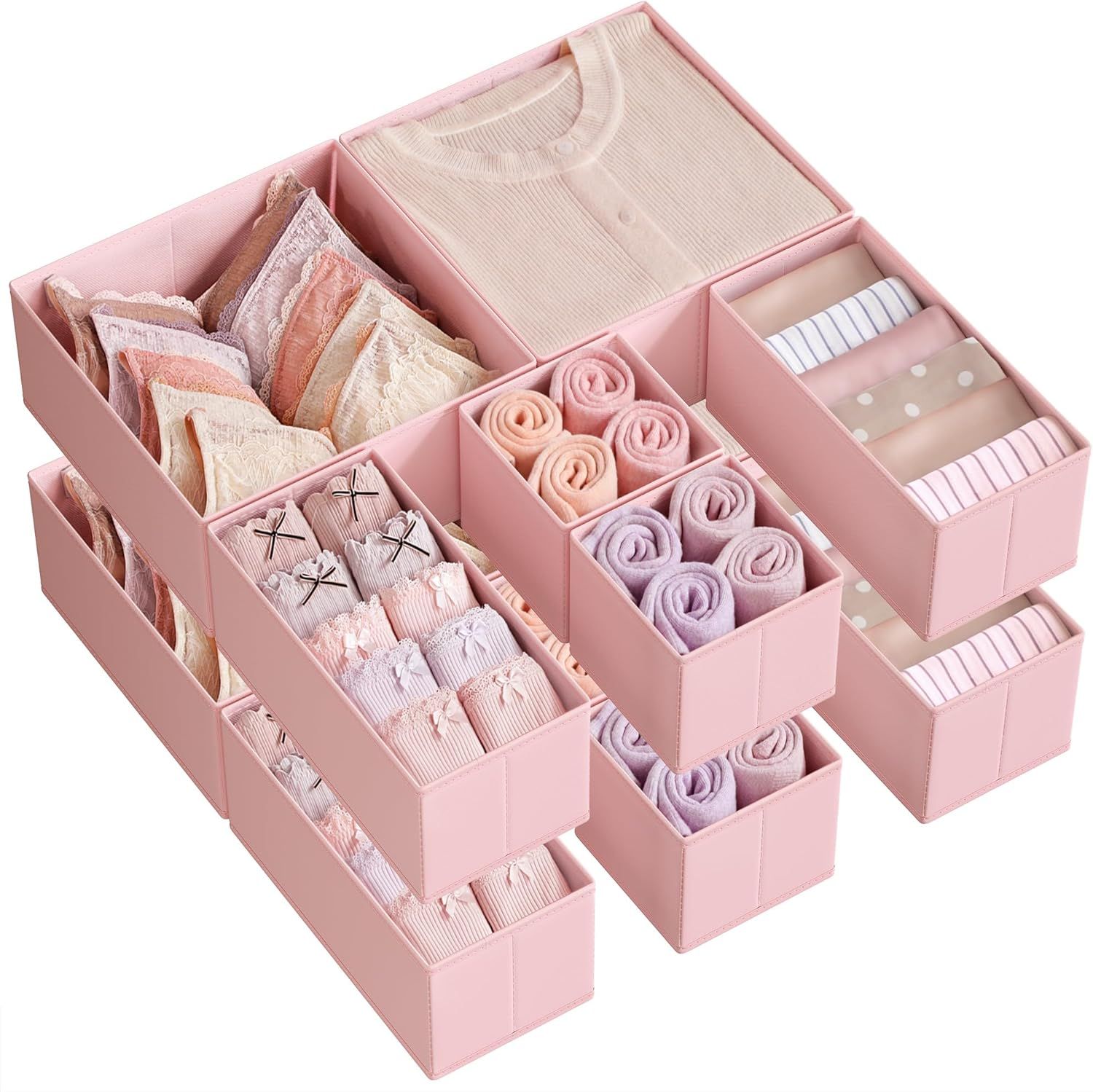 Jelly Pink Foldable Fabric Drawer Organizer Set with 12 Compartments