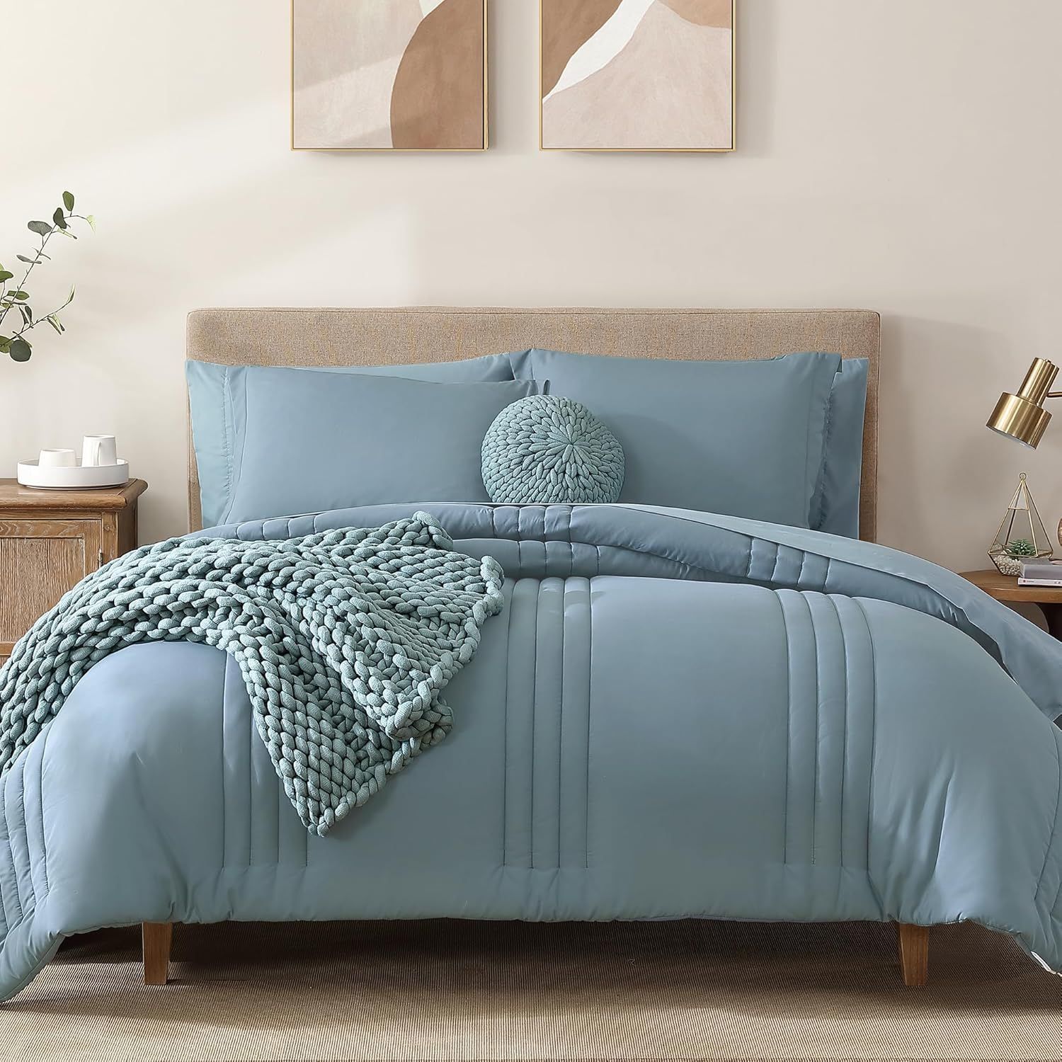 Dusty Blue Queen Size 7-Piece Bed in a Bag Set