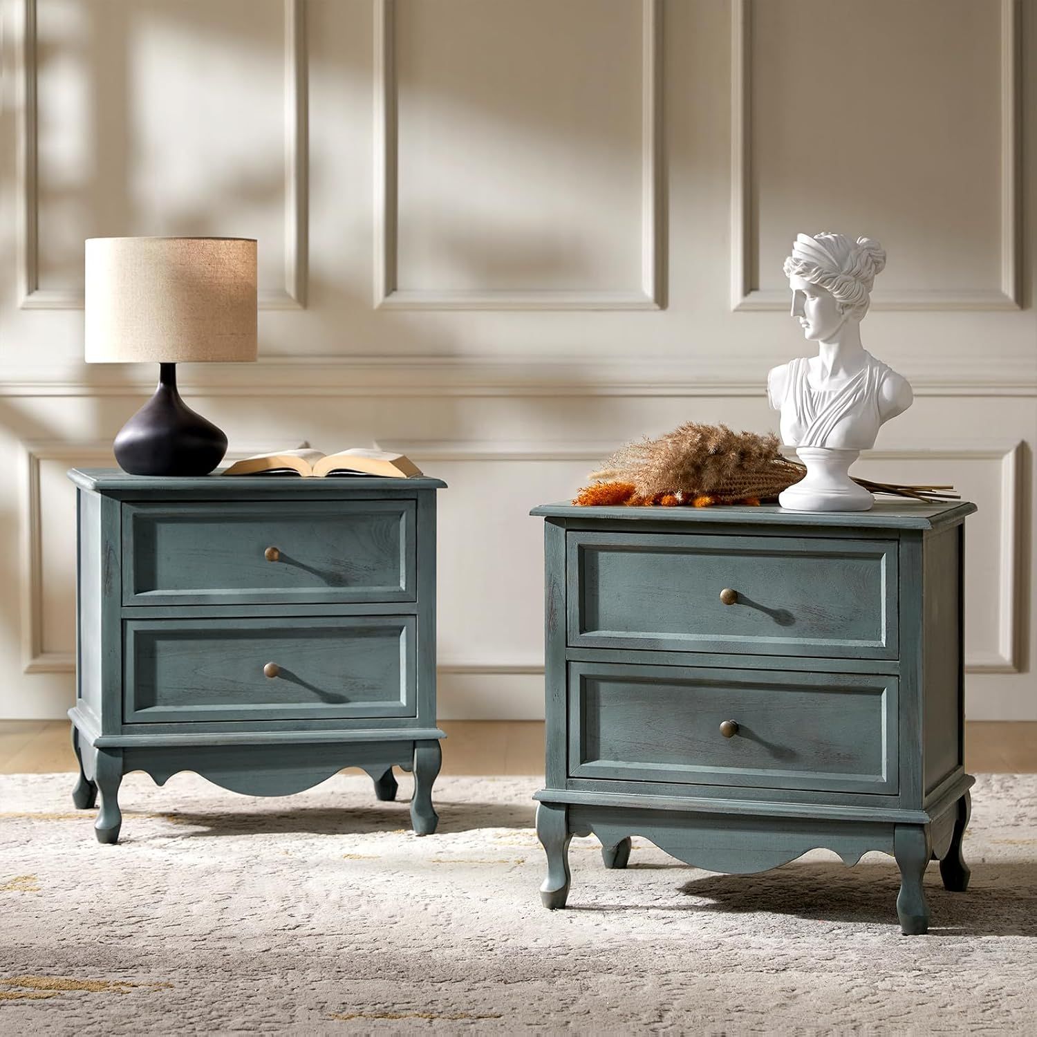 Blue Solid Wood 2-Drawer Nightstands with Metal Handles
