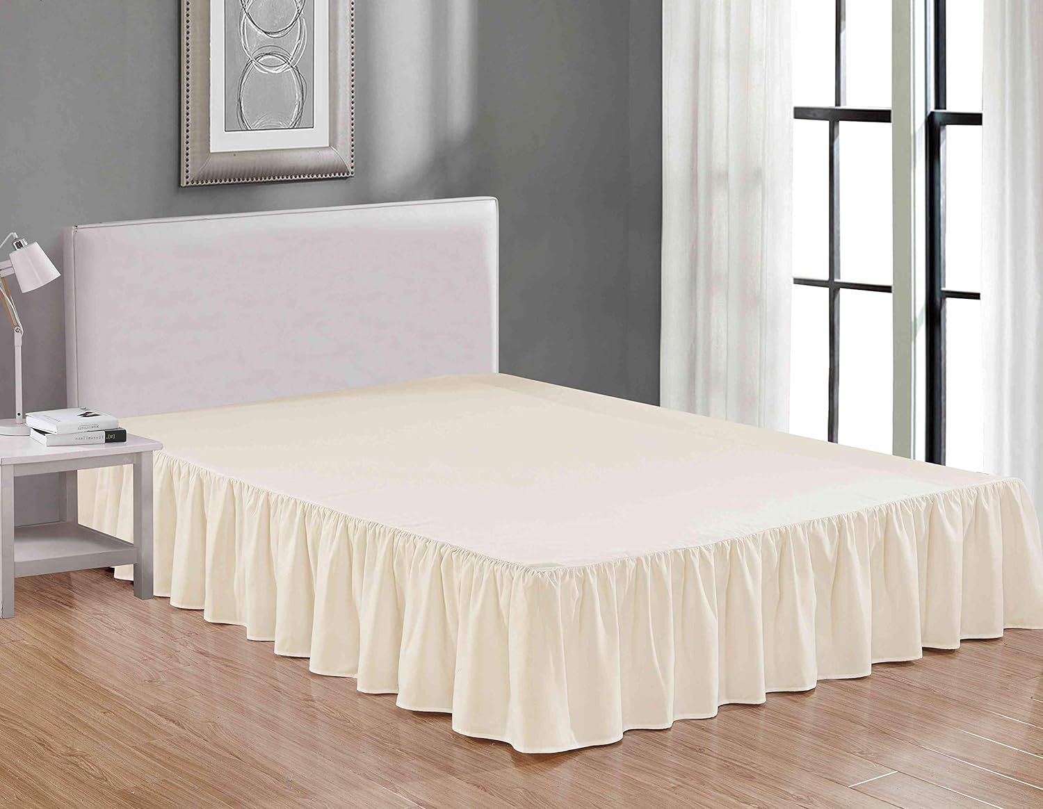 Beige Queen Microfiber Gathered Ruffled Bed Skirt with 14-Inch Drop