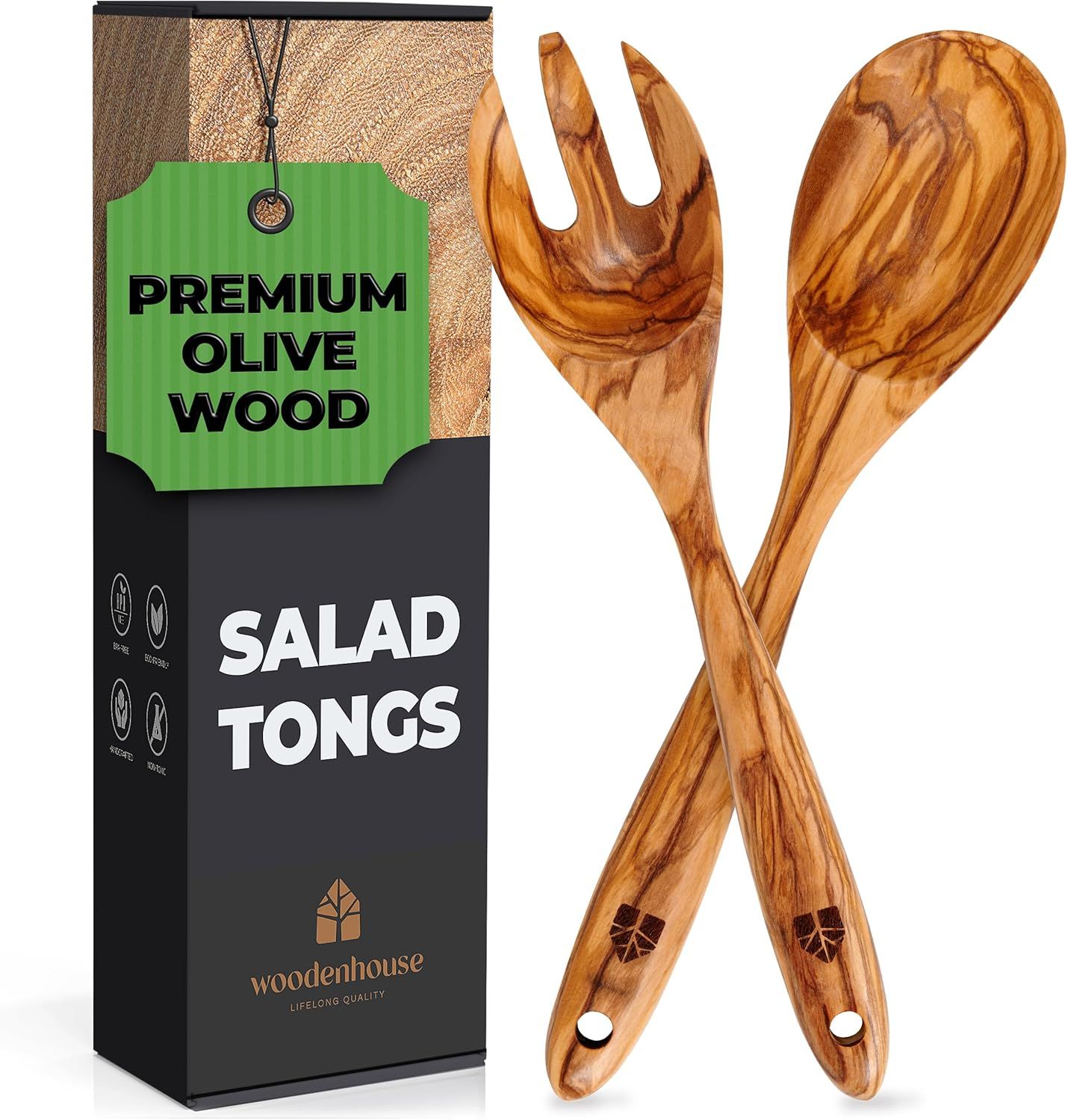 12-inch Natural Olive Wood Salad Tongs and Fork Set