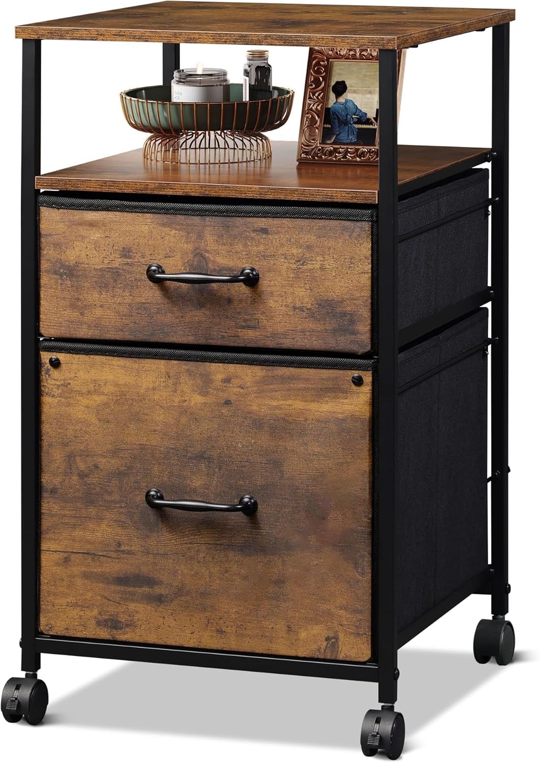 Rustic Brown Wood Grain Mobile File Cabinet with Open Shelf