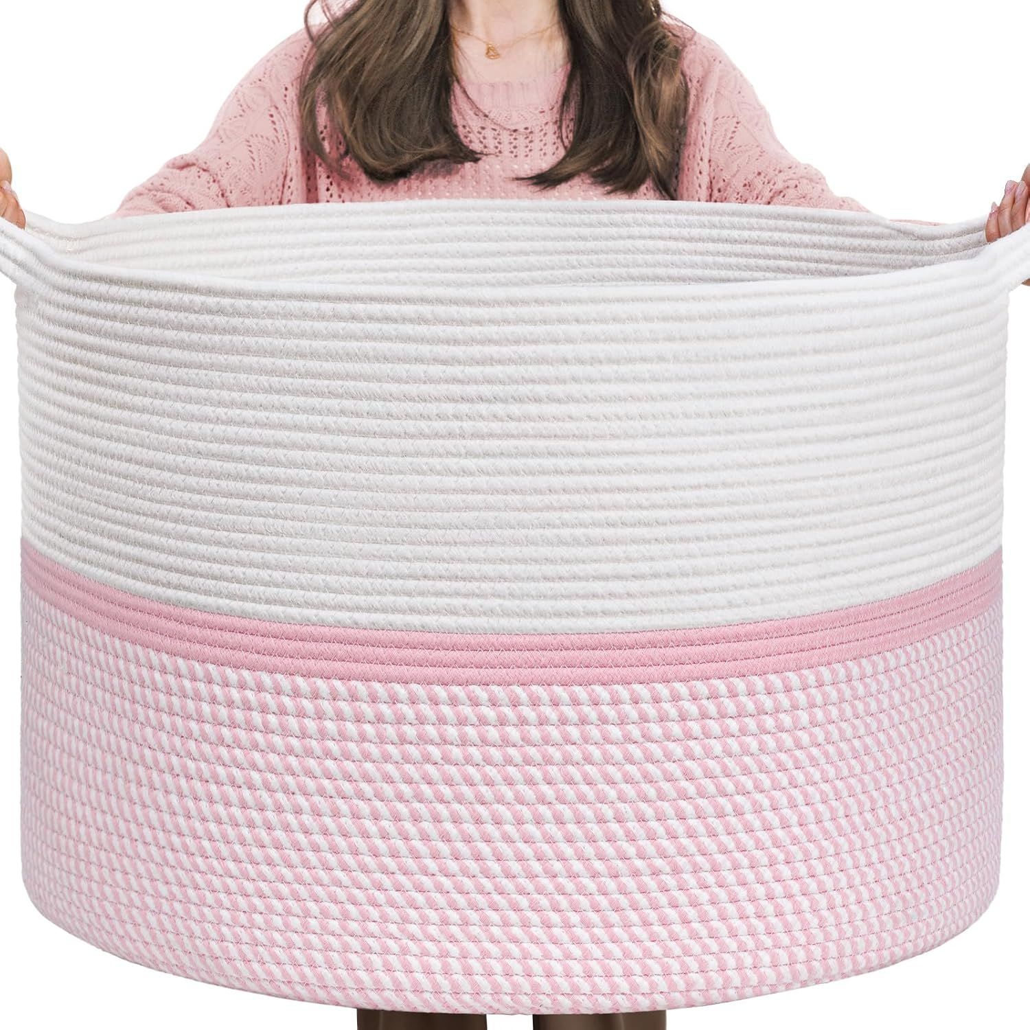 Extra Large Pink and White Cotton Rope Basket with Handles