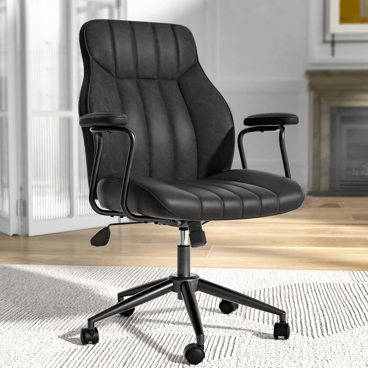 Black Leather Adjustable Mid-Century Modern Task Chair with Wheels