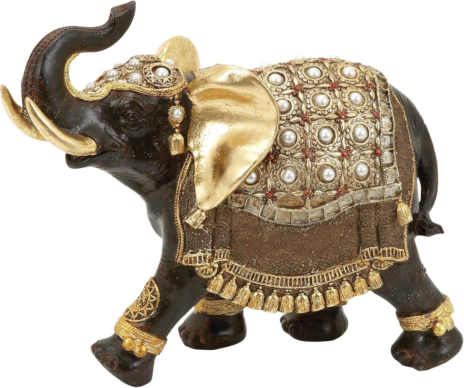 Gold and Brown Bejeweled Elephant Figurine with Rhinestones