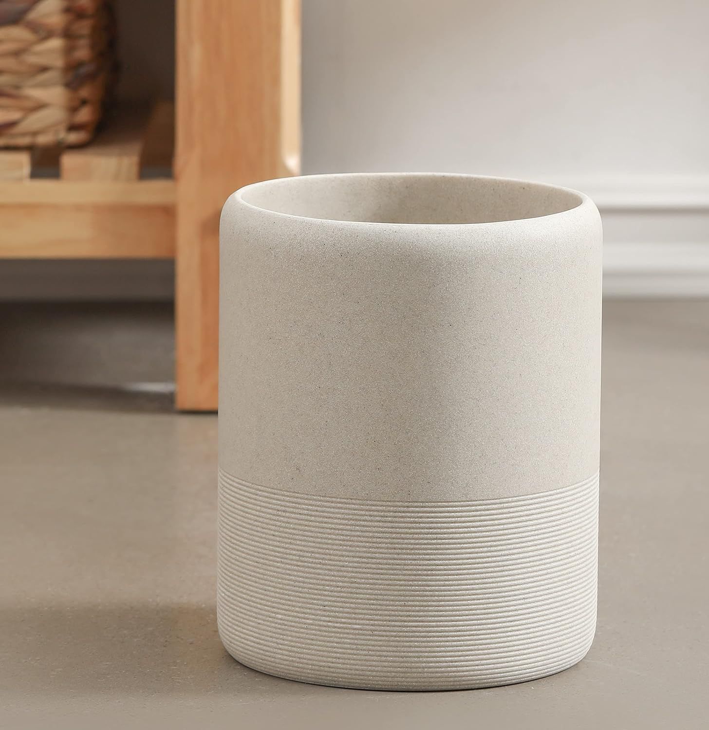 Beige Polyresin Marble Look Round Wastebasket