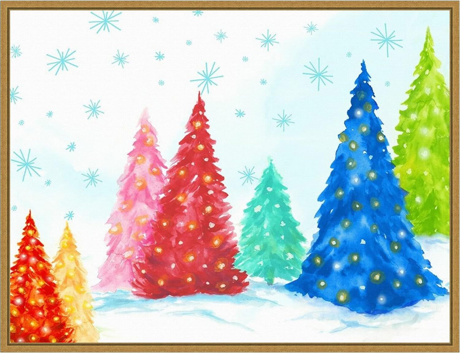 Magic Christmas Trees Multicolor Canvas Print with Gold Frame