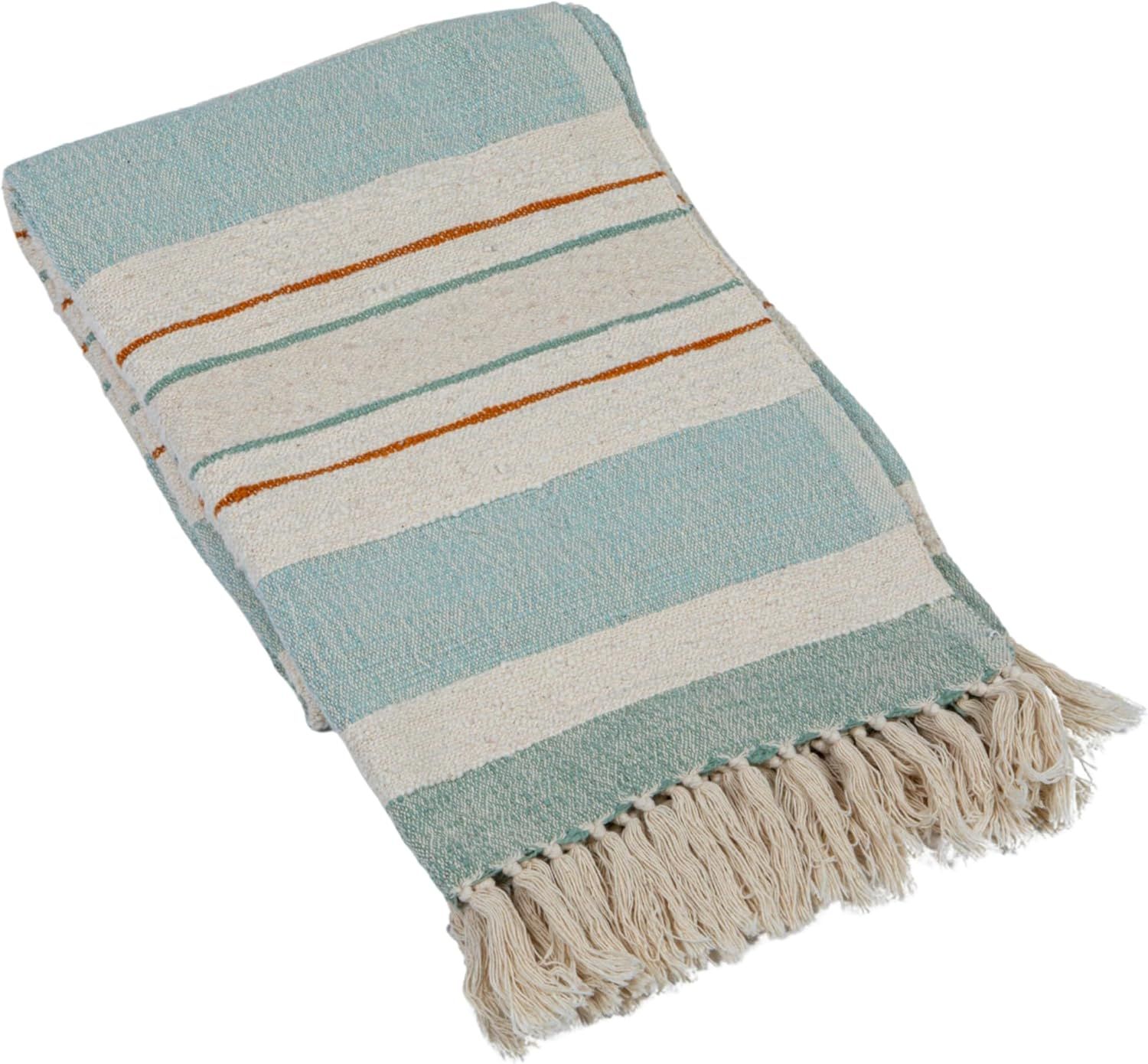 Blue and Cream Striped Cotton Throw with Fringe