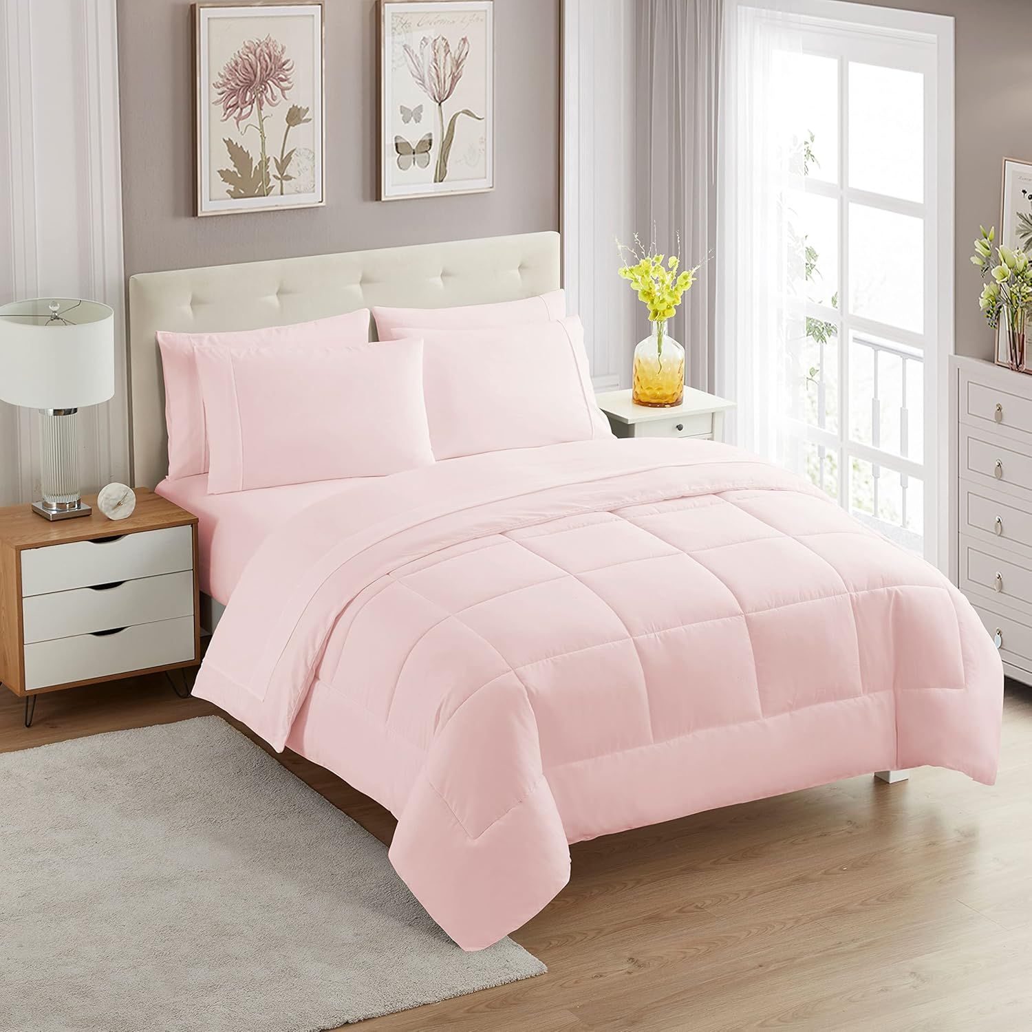 Pale Pink Full Down Alternative Microfiber 7-Piece Bed Set