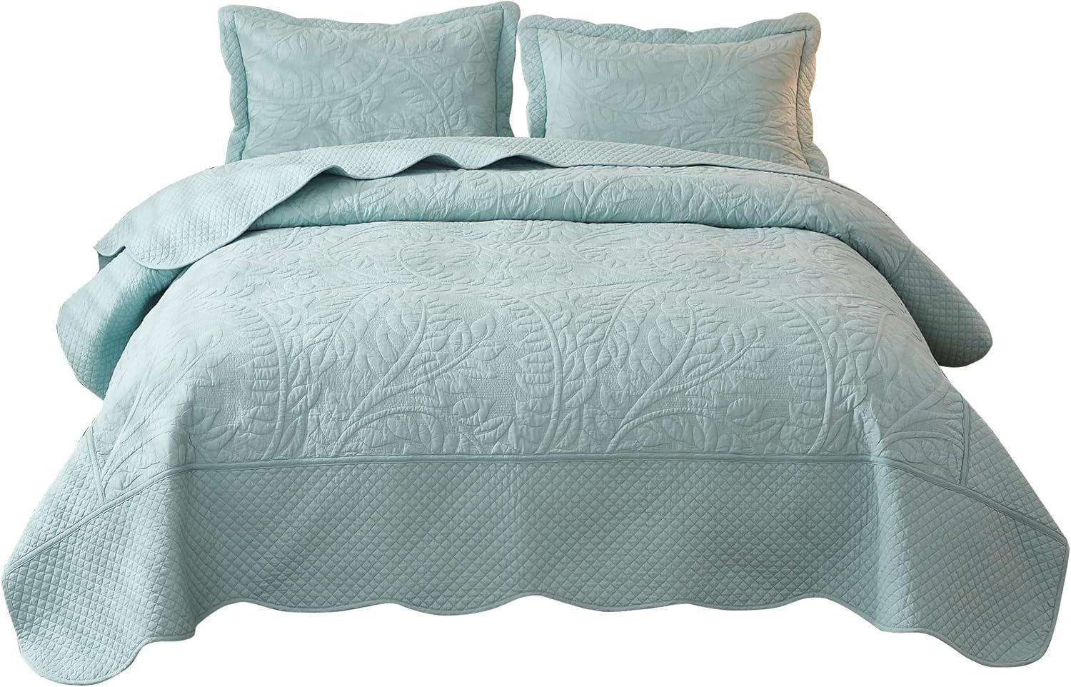 Oversized Green Cotton Queen Bedspread Quilt Set