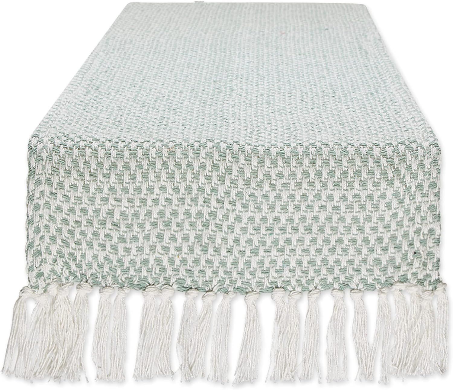 Jadeite Woven Cotton Knit Table Runner with Fringe, 15x72