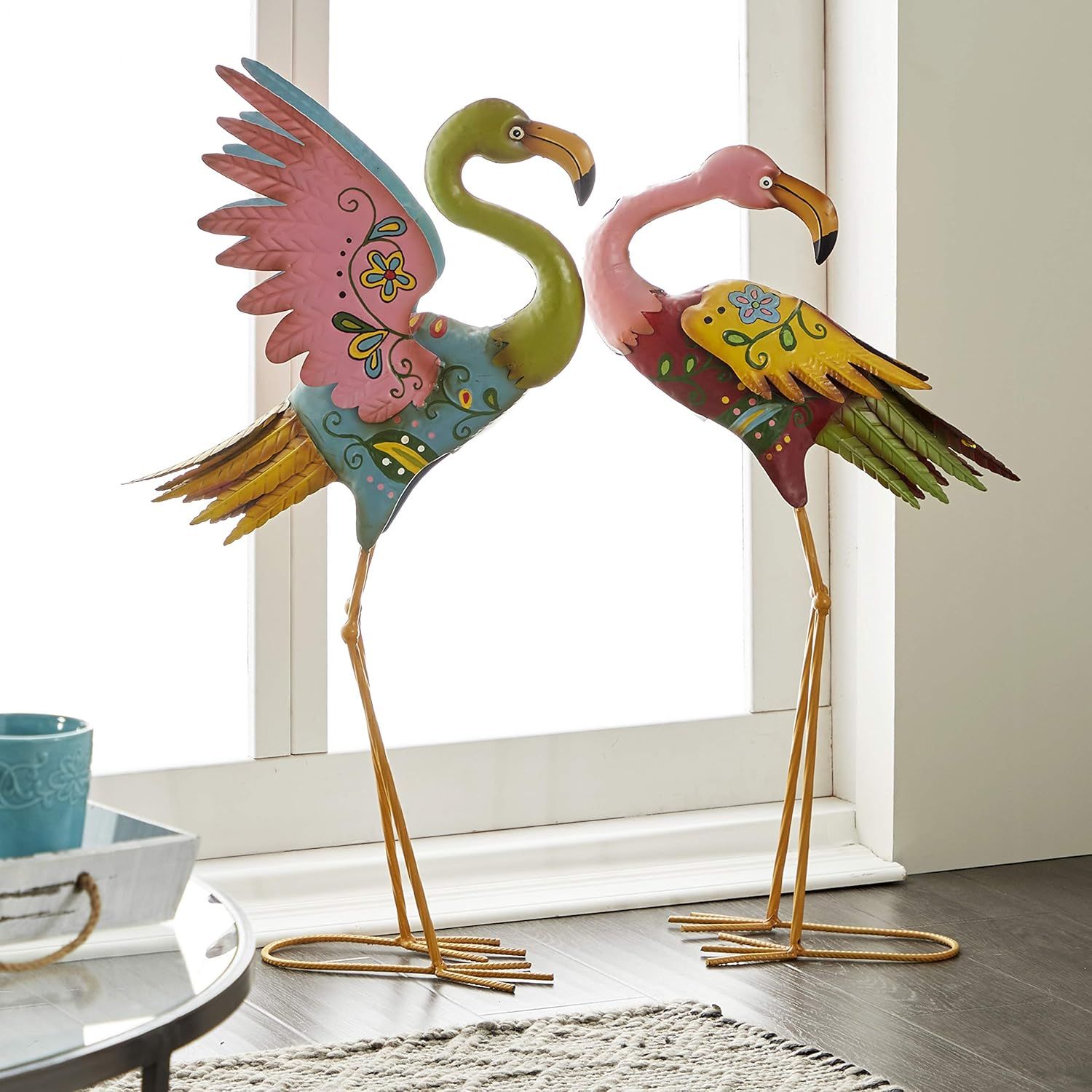 28" Multicolor Hand-Painted Metal Flamingo Garden Sculptures, Set of 2