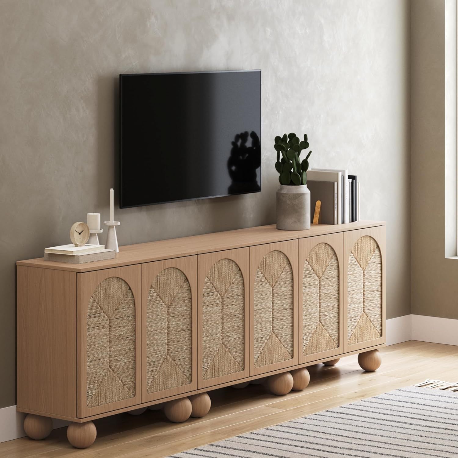 Leah Natural Seagrass and Oak Bohemian Storage Cabinet