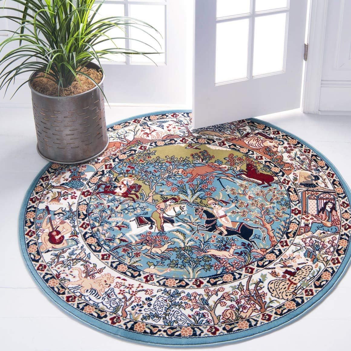 Elegant Blue Floral Round Synthetic Indoor Rug - 5' Diameter