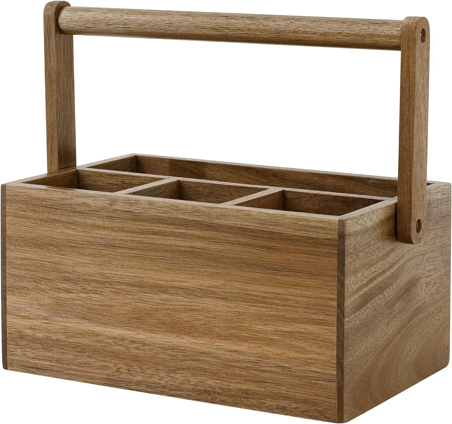 Acacia Wood Silverware Caddy with Handle and Compartments