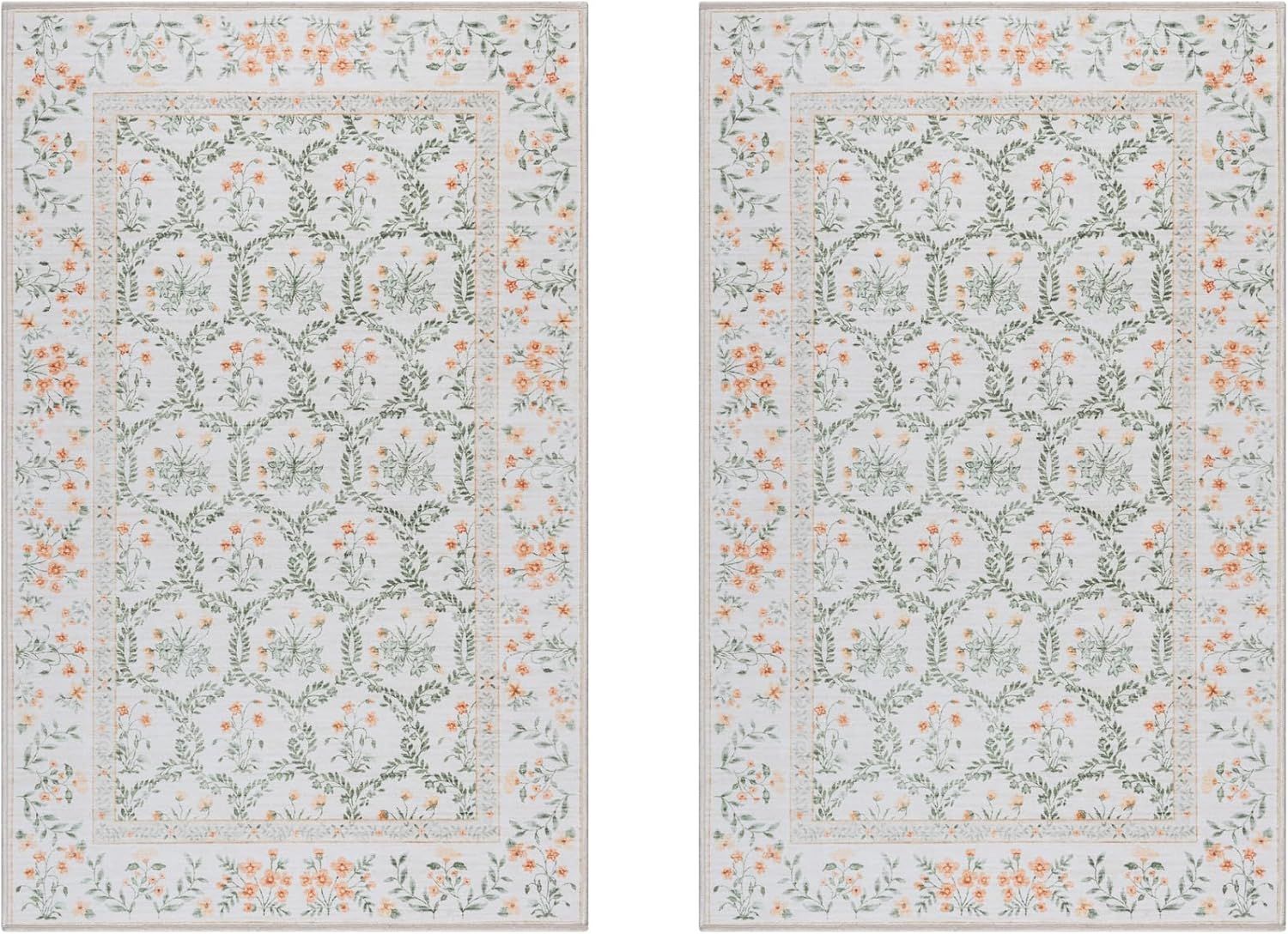 Ivory and Green Floral Synthetic Rectangular Area Rug 2-Pack