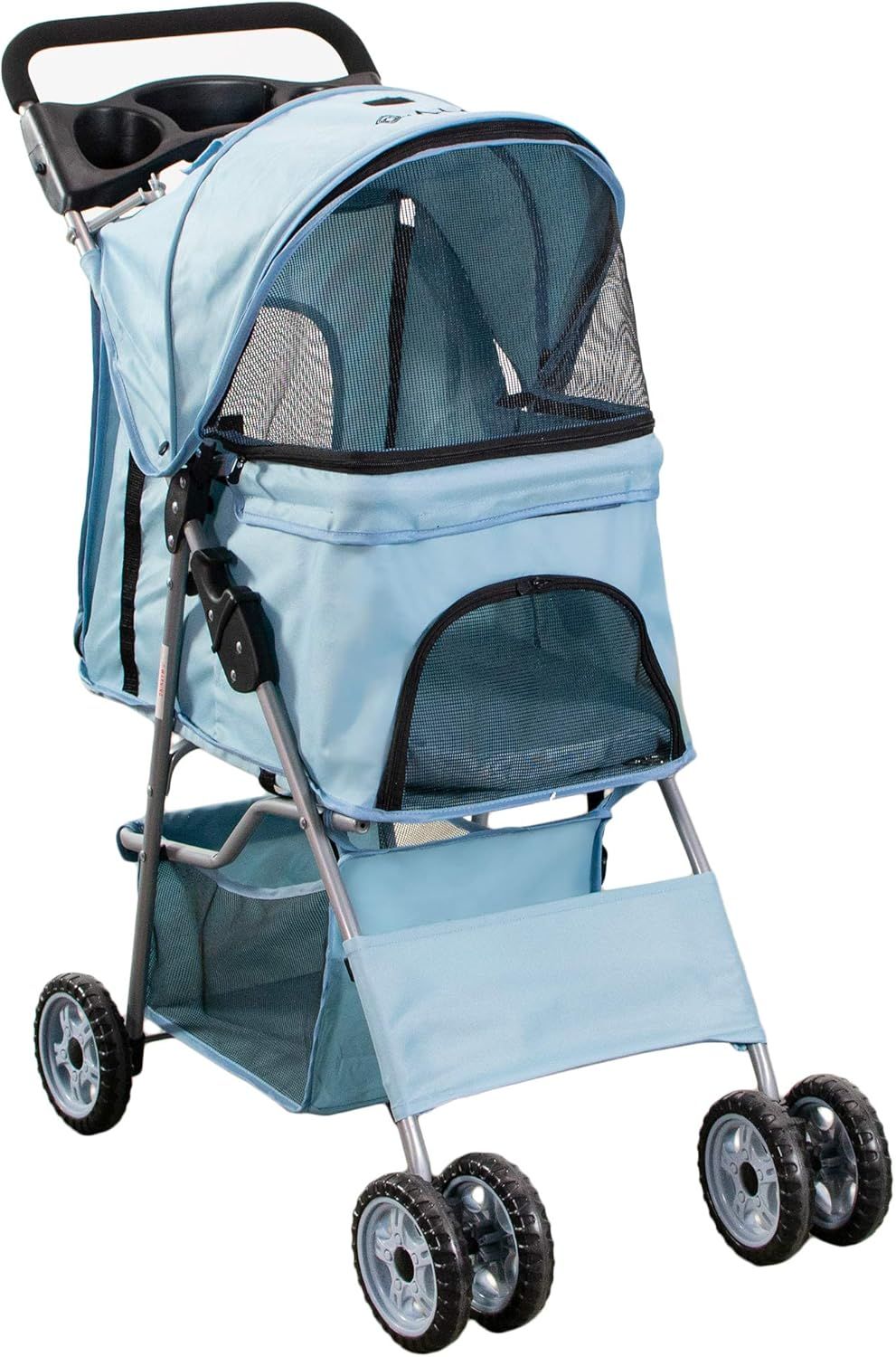 Blue Foldable Four-Wheel Pet Stroller with Mesh Windows