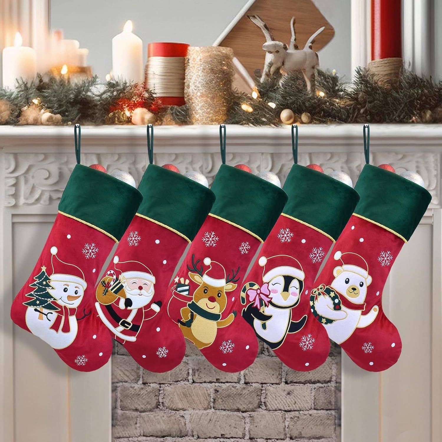 Large Red Velvet Christmas Stockings with Green Cuff, Set of 5