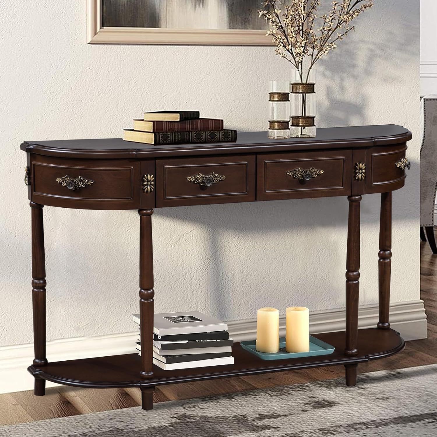 52" Espresso Wood Demilune Console Table with Storage