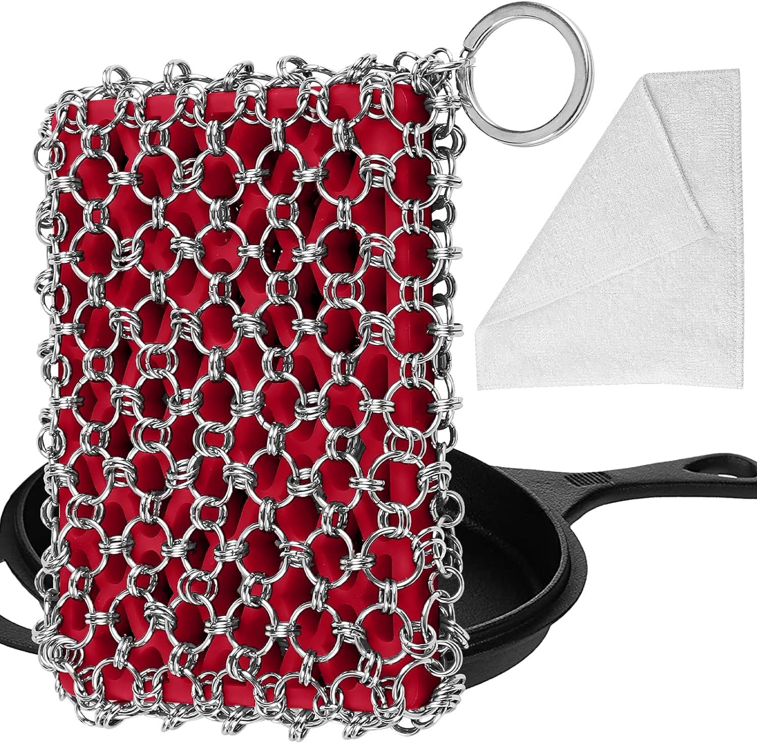 Red Silicone and Stainless Steel Chainmail Cast Iron Scrubber