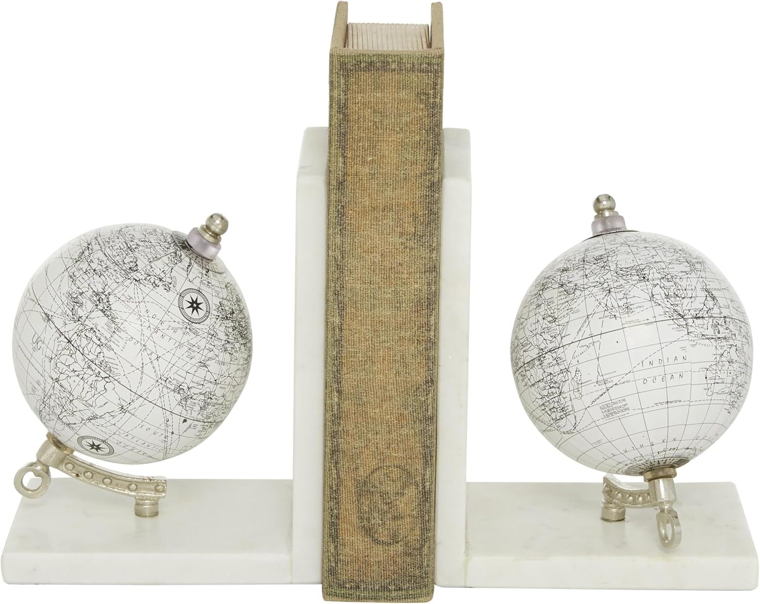 White Marble Globe Bookends with Silver Metal Accents, Set of 2