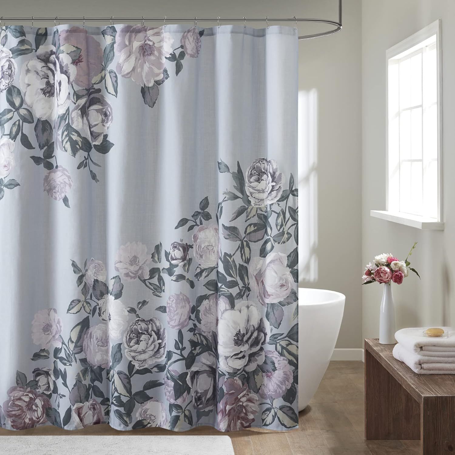 Charisma Grey Cotton Floral Shower Curtain