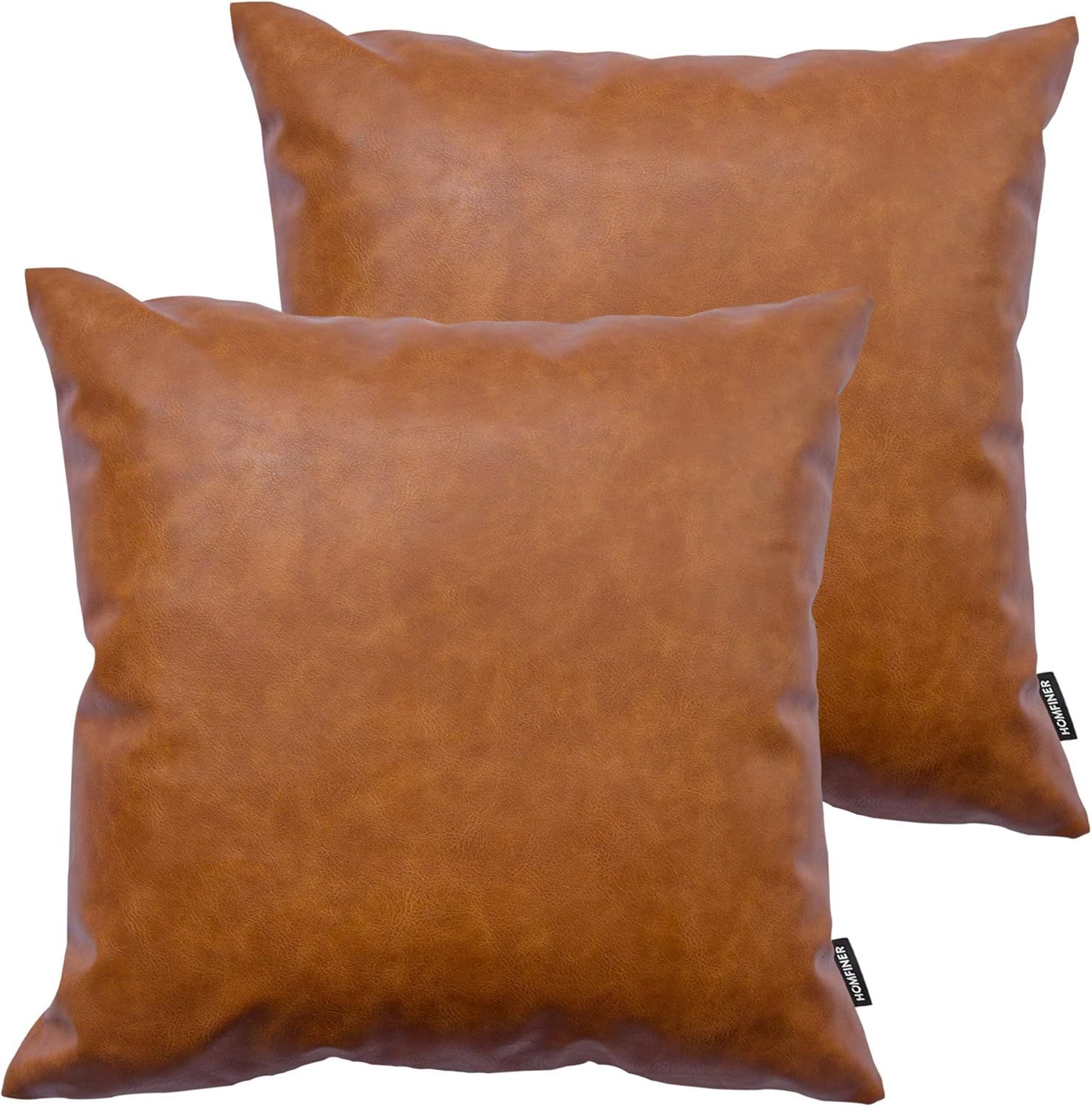 Cognac Brown Faux Leather 20" Square Throw Pillow Covers, Set of 2